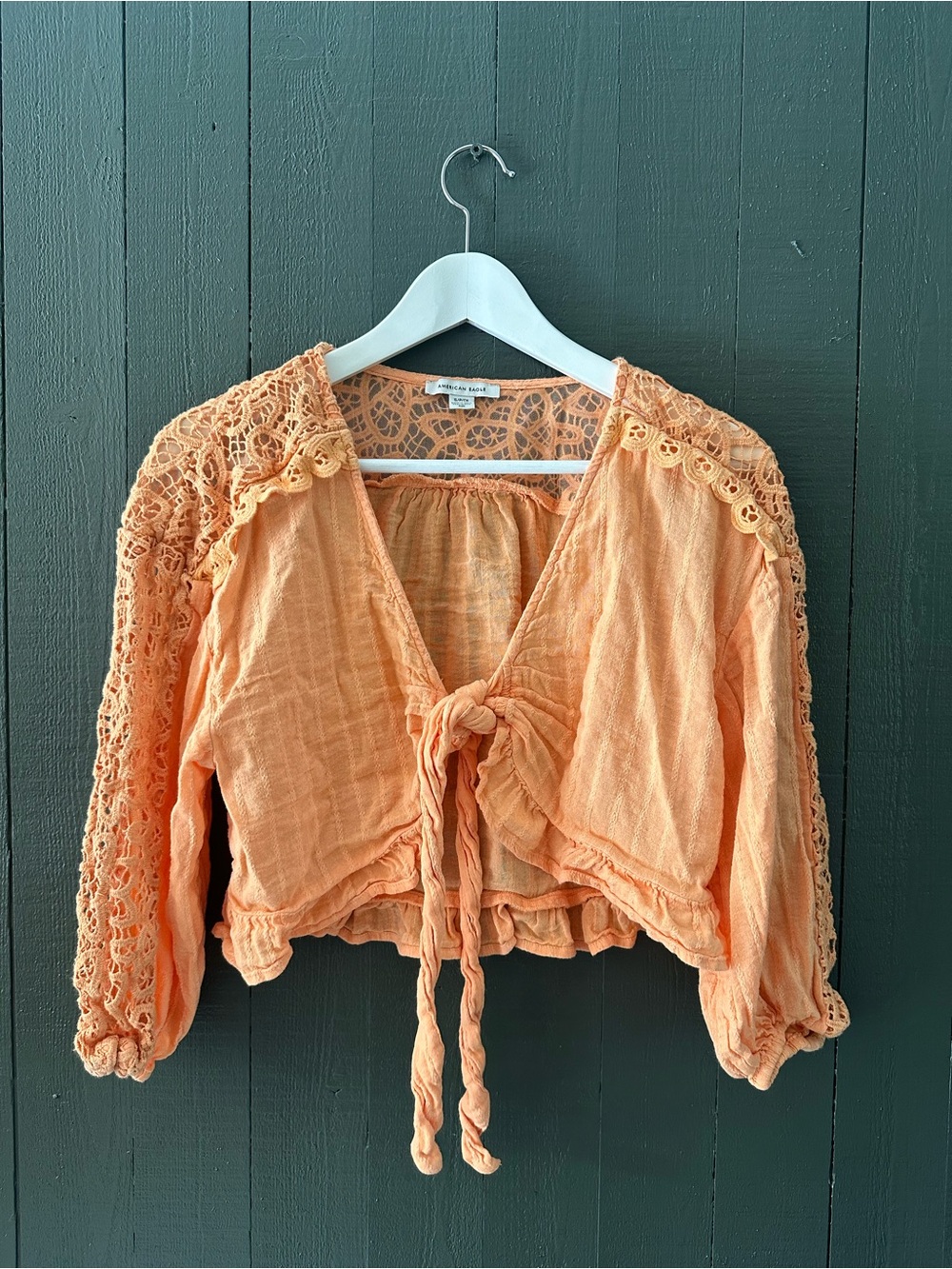 American Eagle Tie-Front Crochet Sleeve Cropped Blouse